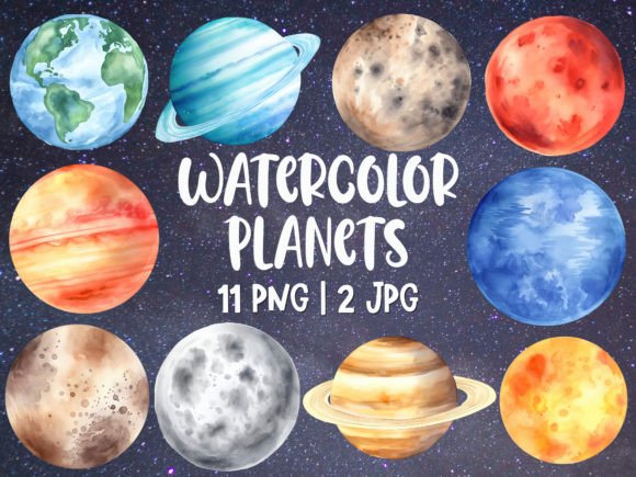 Download Watercolor Planets Clipart Set, 13 Files - Planets Collection