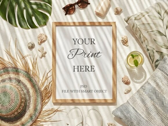 Download Wood Frame Mockup Summer Beach Flat Lay - Wood frame mockup Collection